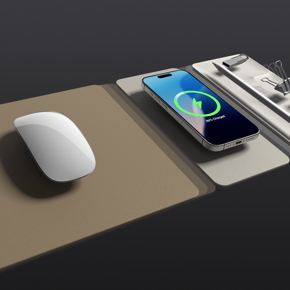 Combines a mouse pad, desk organizer tray, and Qi wireless charging station into a unified solution, offering seamless functionality and space-saving convenience.
