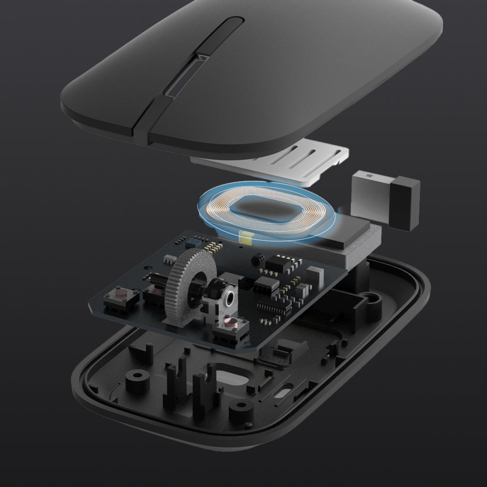 A wireless charging mouse, mouse pad, and Qi wireless charging function all in one. The mouse will automatically charge when placed on the pad, and the security IC chip prevents overheating and overcharging, making it safe to use.